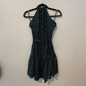 Women's Self Tie Halter Polka Dot Belted Green Dress Small